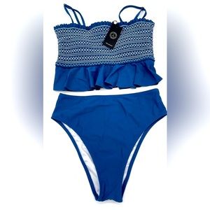RELLECIGA Women's High Waist Bikini Swimsuit Ruffle 2-Piece Bathing Suit Blue M